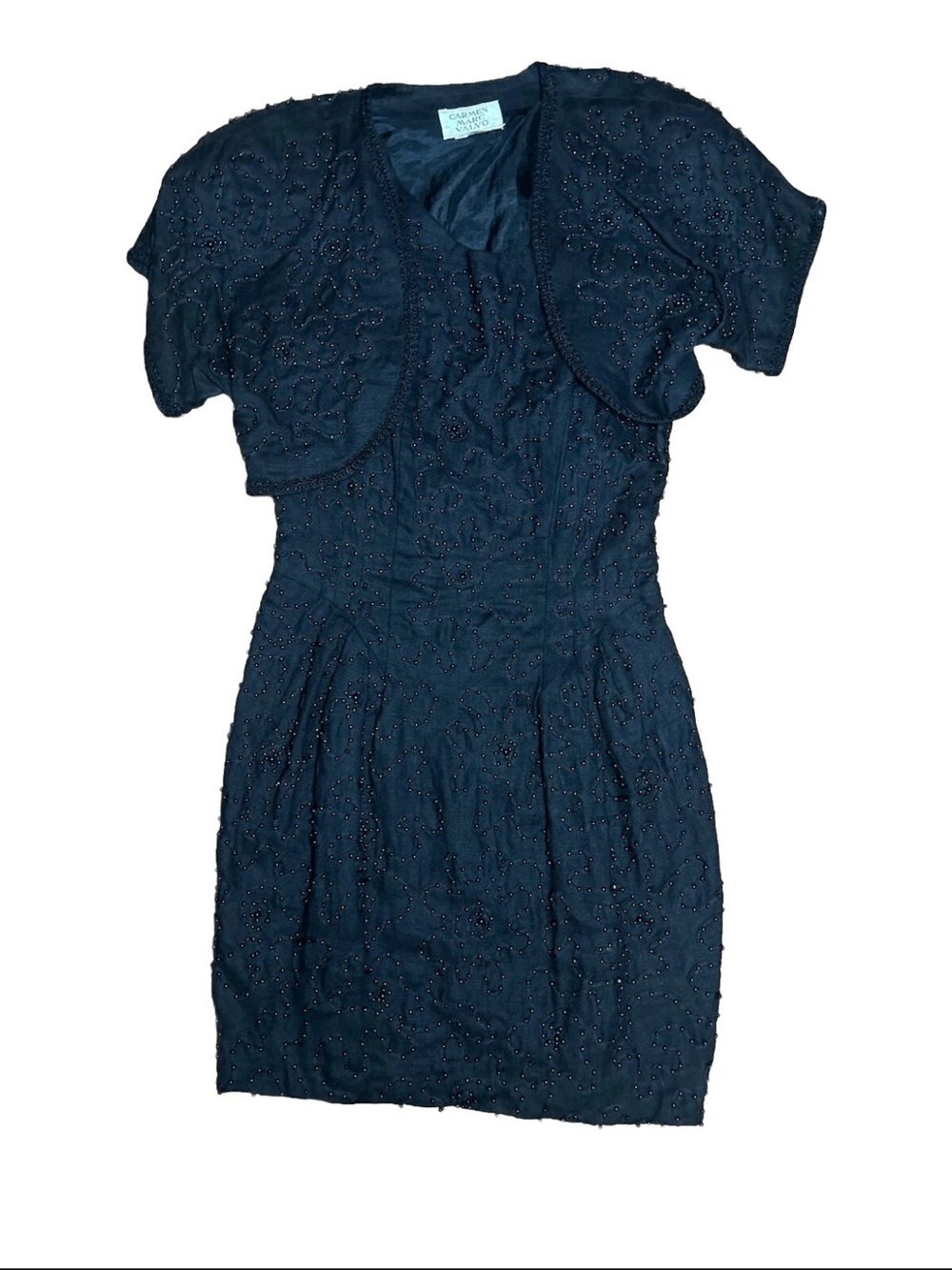 Carmen Marc Valvo Black Dress  100% Silk/linen Bead Accents 10size  UshapeNeck